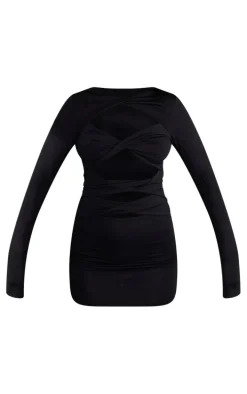 Black Slinky Twist Cut Out Long Sleeve Bodycon Dress
