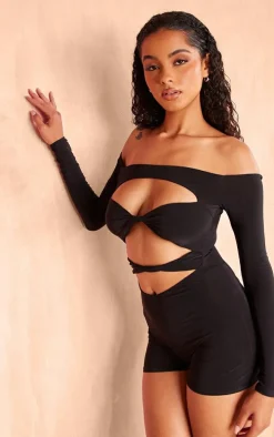 Black Slinky Twist Detail Cut Out Romper