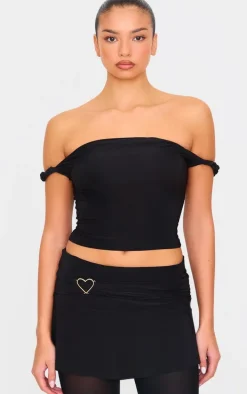 Black Slinky Twist Detail Bardot Crop Top