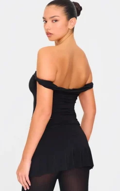 Black Slinky Twist Detail Bardot Crop Top