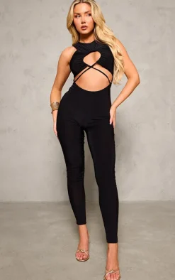 Black Slinky Twist Front Racer Neck Jumpsuit
