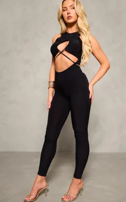 Black Slinky Twist Front Racer Neck Jumpsuit