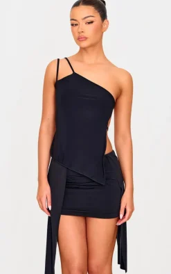 Black Slinky Twist Front Tie Side Mini Skirt
