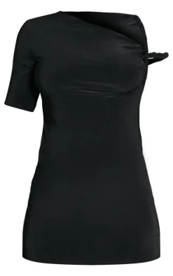 Black Slinky Twist Shoulder Bodycon Dress