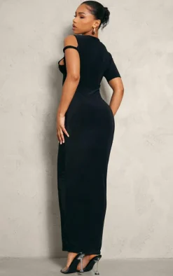 Black Slinky Twist Shoulder Midaxi Dress