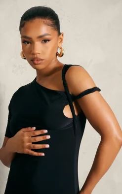 Black Slinky Twist Shoulder Midaxi Dress