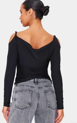Black Slinky Twist Shoulder Detail Cut Out Top