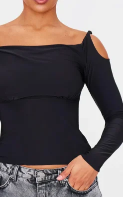 Black Slinky Twist Shoulder Detail Cut Out Top