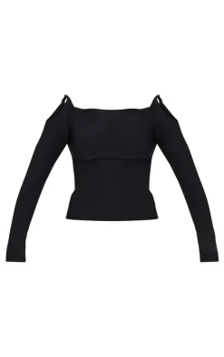 Black Slinky Twist Shoulder Detail Cut Out Top