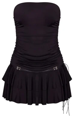 Black Slinky Waist Tie Detail Shift Dress