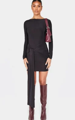 Black Slinky Wrap Detail Mini Dress