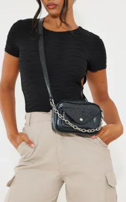 Black Snake Print Chain Detail Cross Body Bag