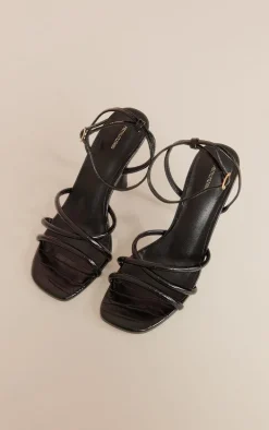 Black Snake Pu Square Toe Cross Over Strap Mid Heeled Sandals