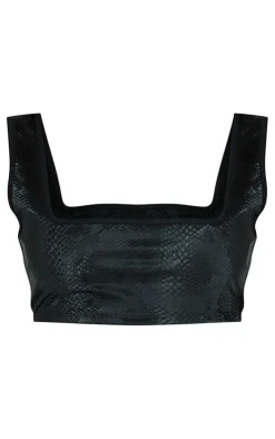 Black Snakeskin Matte Vinyl Square Neck Crop Top