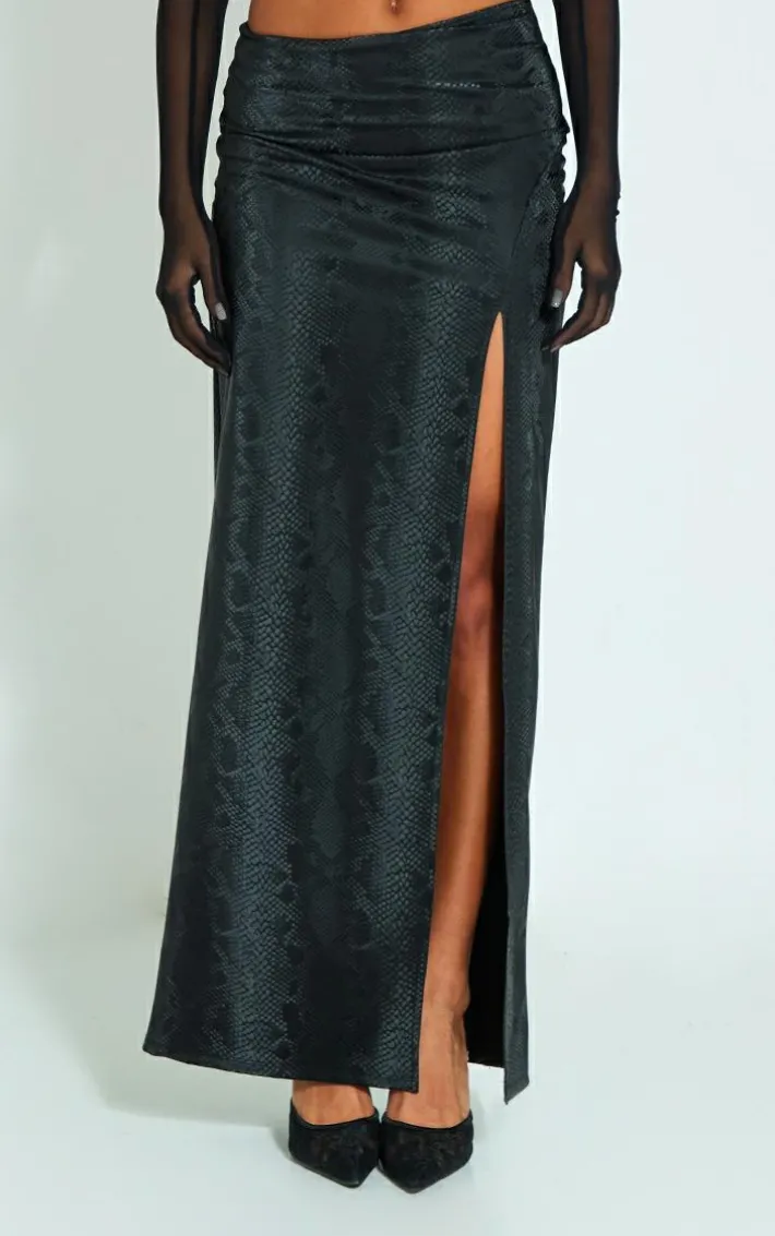 Black Snakeskin Matte Vinyl Extreme Split Midaxi Skirt