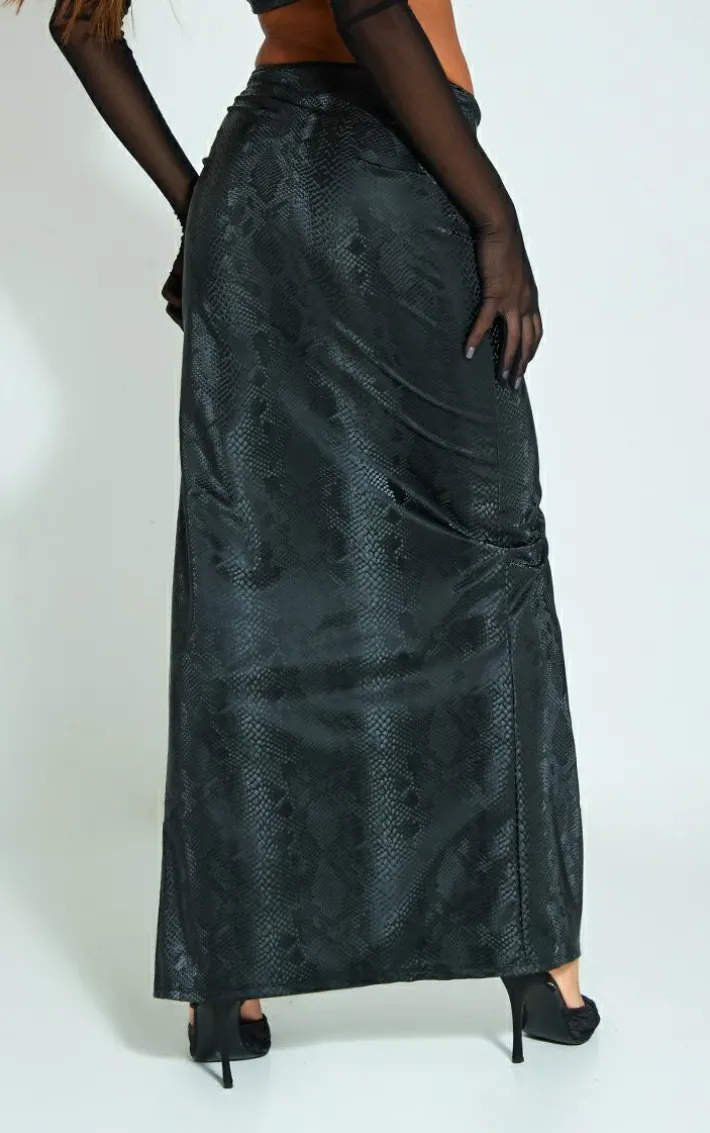 Black Snakeskin Matte Vinyl Extreme Split Midaxi Skirt