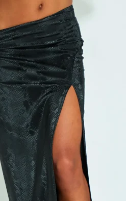 Black Snakeskin Matte Vinyl Extreme Split Midaxi Skirt
