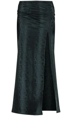 Black Snakeskin Matte Vinyl Extreme Split Midaxi Skirt