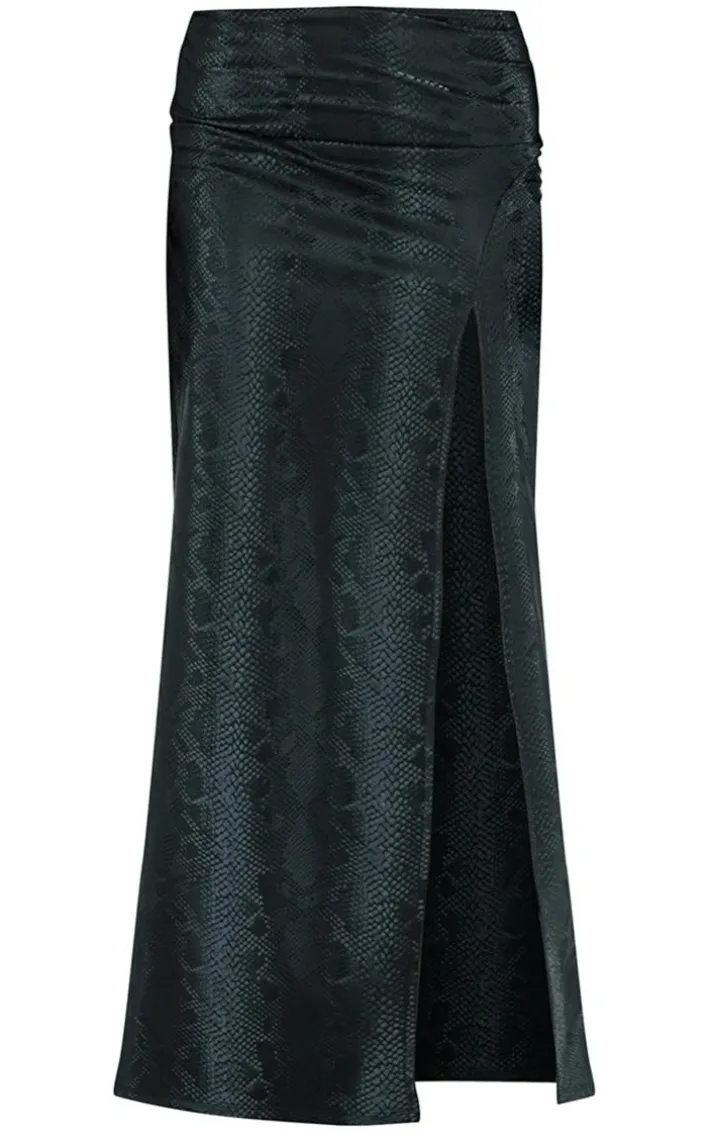 Black Snakeskin Matte Vinyl Extreme Split Midaxi Skirt