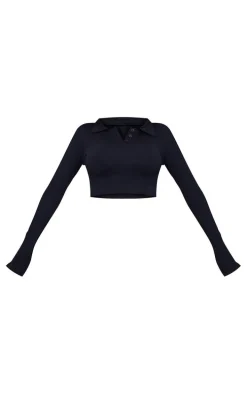 Black Snatched Rib Button Collar Long Sleeve Crop Top
