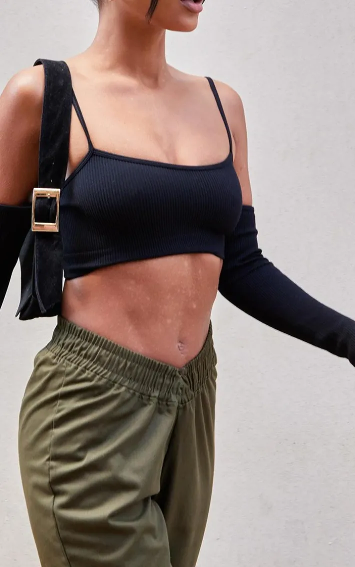 Black Snatched Rib Cold Shoulder Crop Top