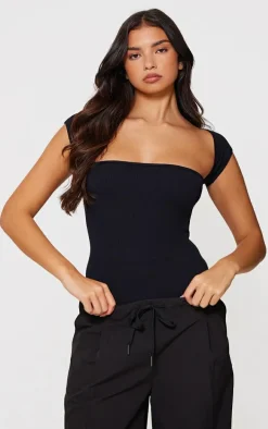 Black Snatched Rib Cut Out Short Sleeve Bodysuit
