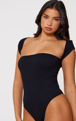 Black Snatched Rib Cut Out Short Sleeve Bodysuit