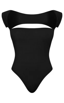 Black Snatched Rib Cut Out Short Sleeve Bodysuit