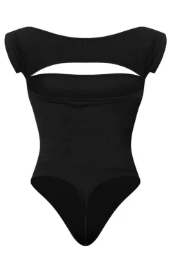 Black Snatched Rib Cut Out Short Sleeve Bodysuit