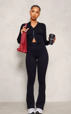 Black Snatched Rib Double Zip Top