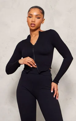 Black Snatched Rib Double Zip Top