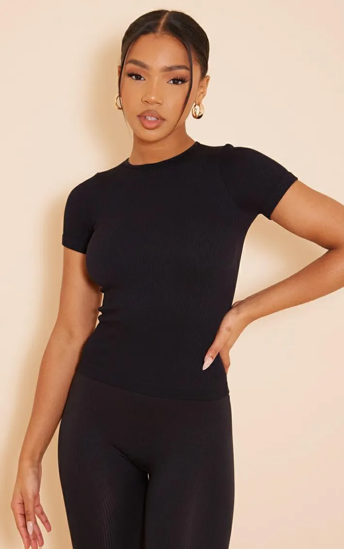 Black Snatched Rib Longline T Shirt