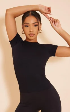 Black Snatched Rib Longline T Shirt