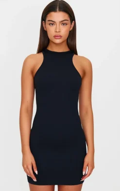 Black Snatched Rib Racer Neck Bodycon Dress