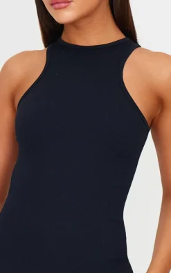 Black Snatched Rib Racer Neck Bodycon Dress