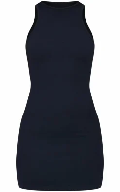 Black Snatched Rib Racer Neck Bodycon Dress
