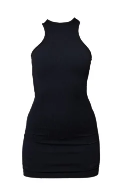 Black Snatched Rib Racer Neck Bodycon Dress