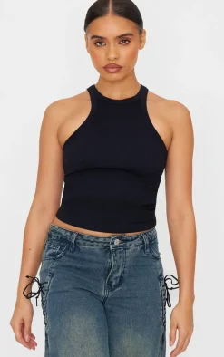 Black Snatched Rib Racer Top