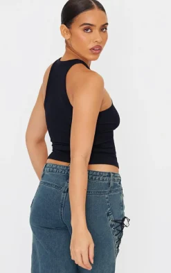 Black Snatched Rib Racer Top
