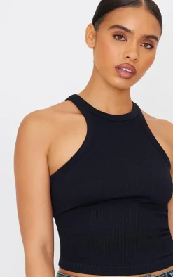 Black Snatched Rib Racer Top