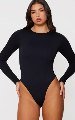 Black Snatched Rib Scoop Neck Bodysuit