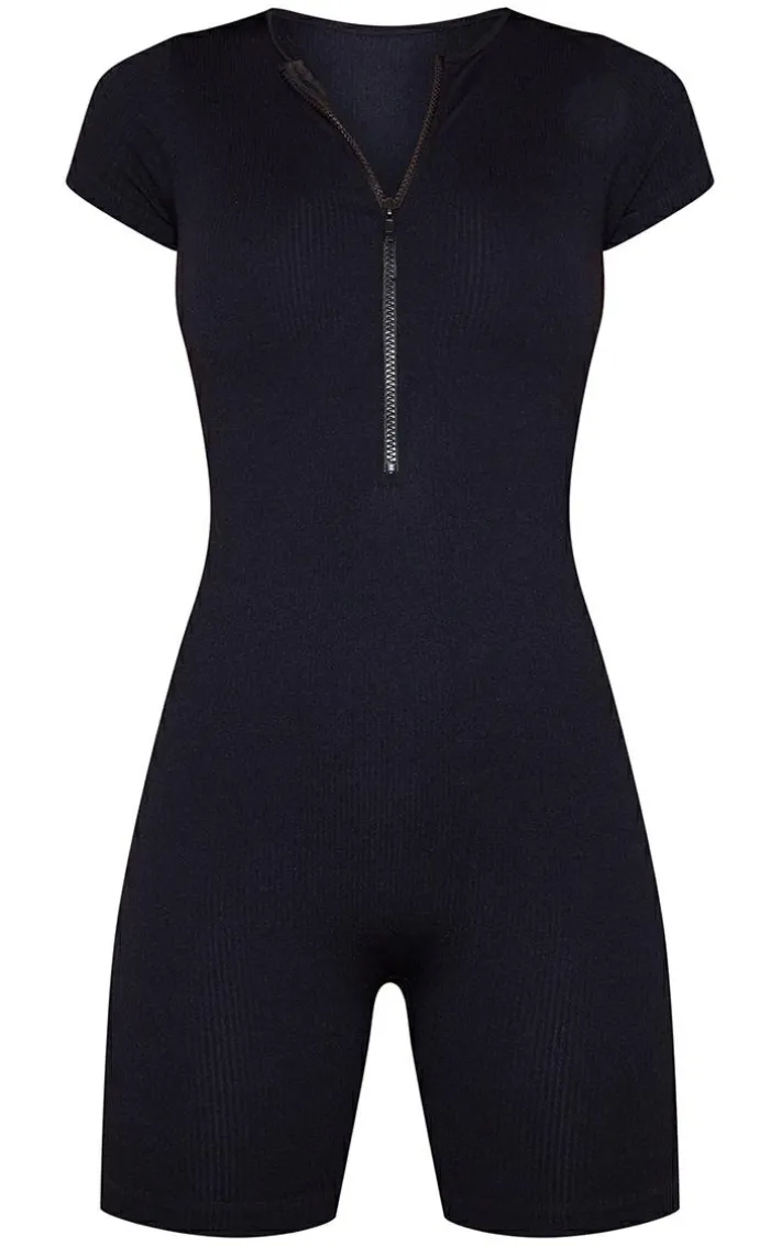 Black Snatched Rib Short Sleeve Zip Front Unitard