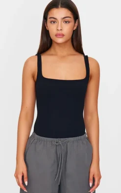 Black Snatched Rib Square Neck Sleeveless Bodysuit