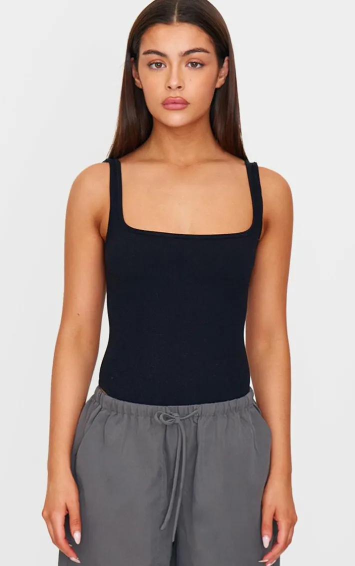 Black Snatched Rib Square Neck Sleeveless Bodysuit