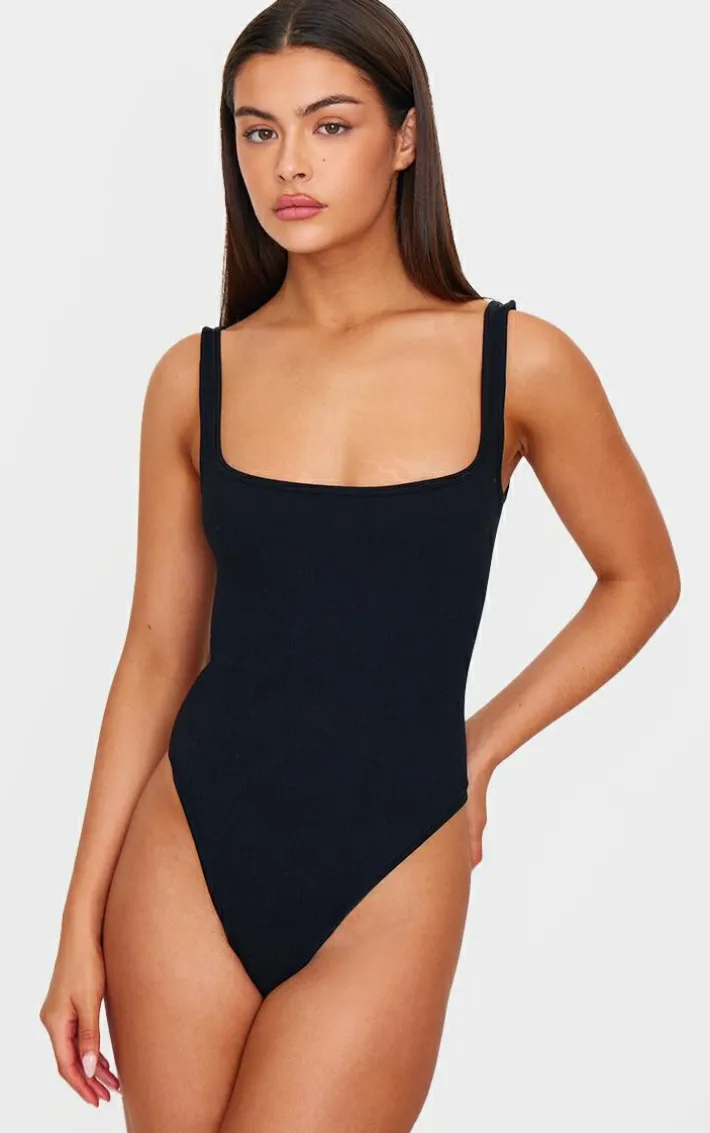 Black Snatched Rib Square Neck Sleeveless Bodysuit