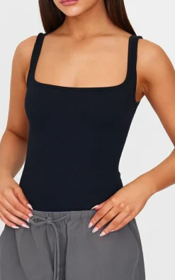 Black Snatched Rib Square Neck Sleeveless Bodysuit