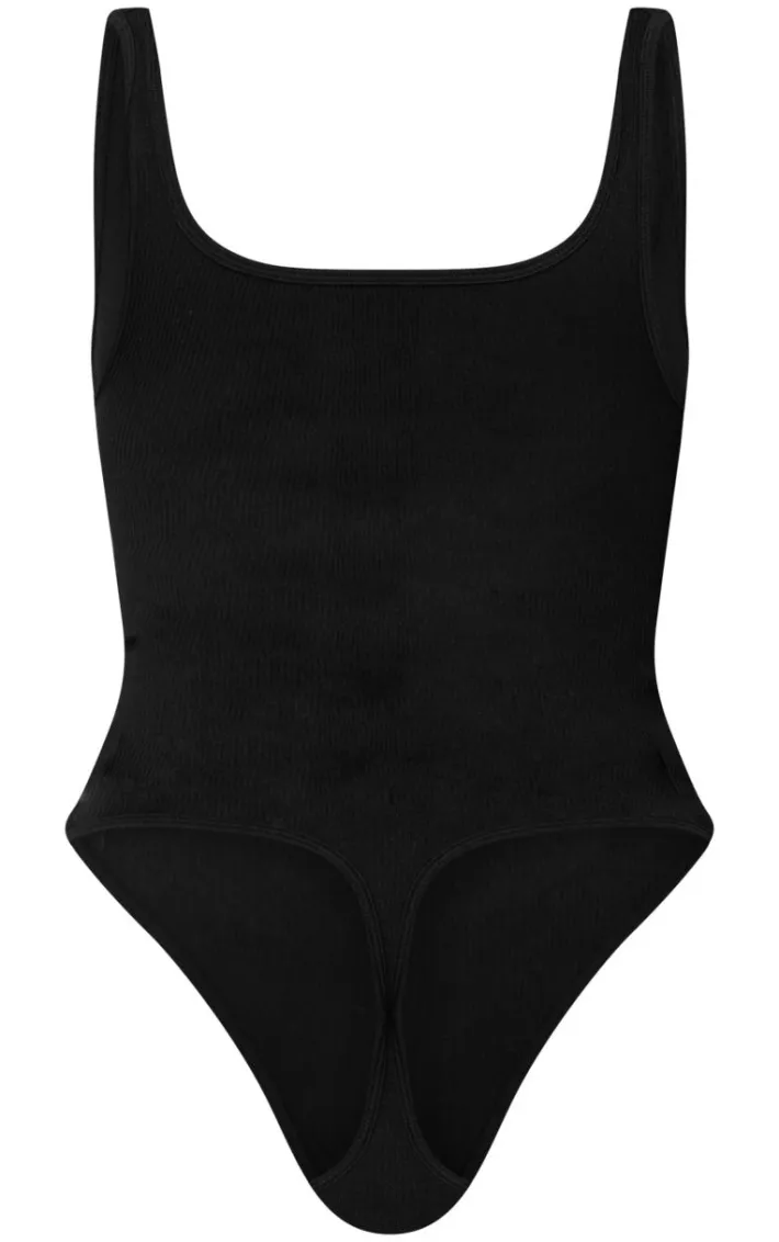 Black Snatched Rib Square Neck Sleeveless Bodysuit