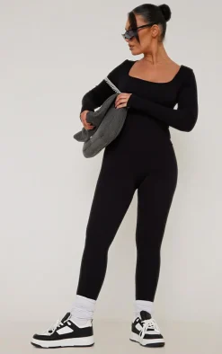 Black Snatched Rib Square Neck Long Sleeve Jumpsuit