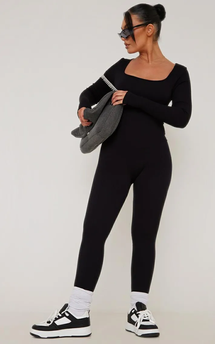 Black Snatched Rib Square Neck Long Sleeve Jumpsuit
