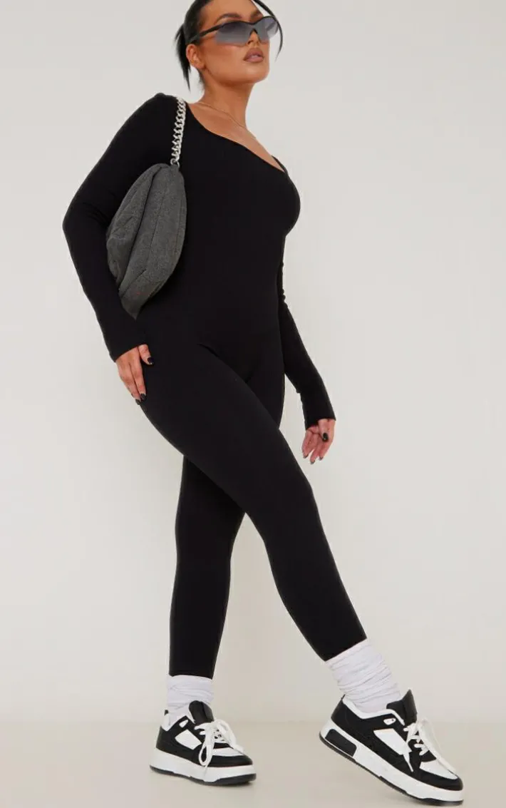 Black Snatched Rib Square Neck Long Sleeve Jumpsuit